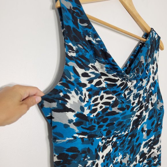 Ann Taylor Sleeveless Midi Dress V Neckline Stretch Leopard Print Blue Womens L - Picture 2 of 12